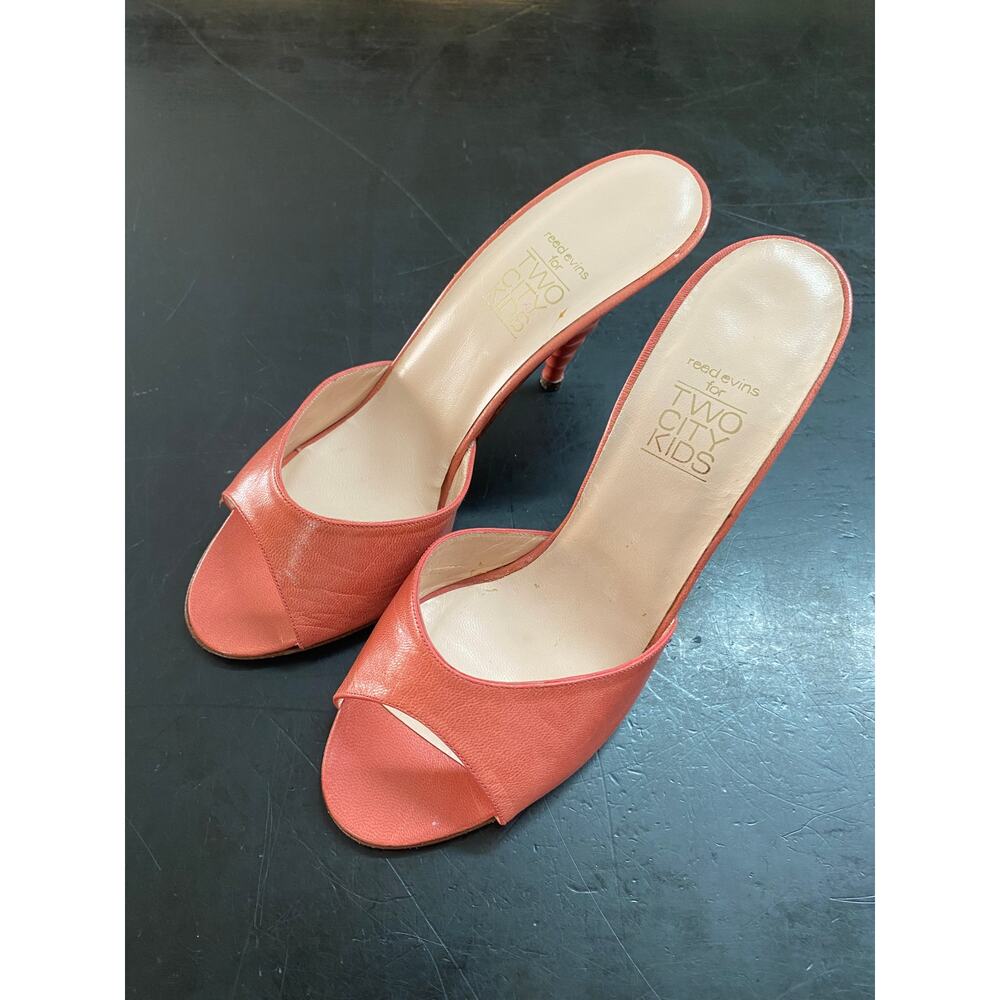 vintage 1970s pink leather mules 70s high heel shoes stilettos size 5 scalloped - Picture 4 of 6